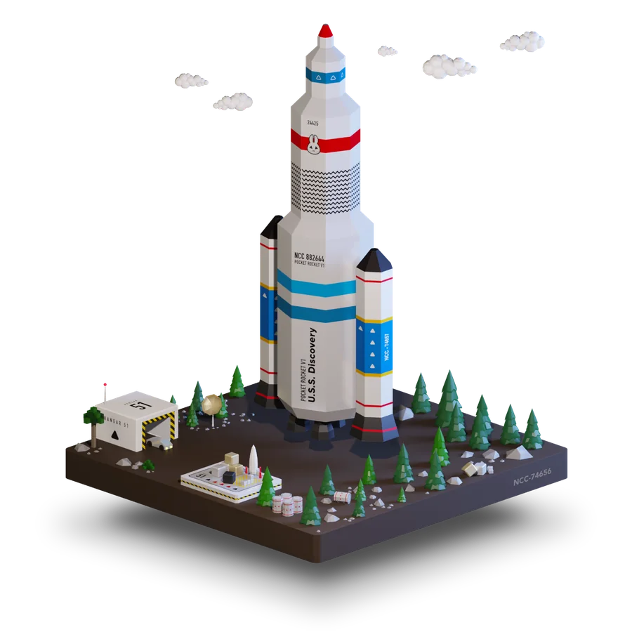 A Pocket Rocket on its launch pad, with the White Rabbit on its hull
